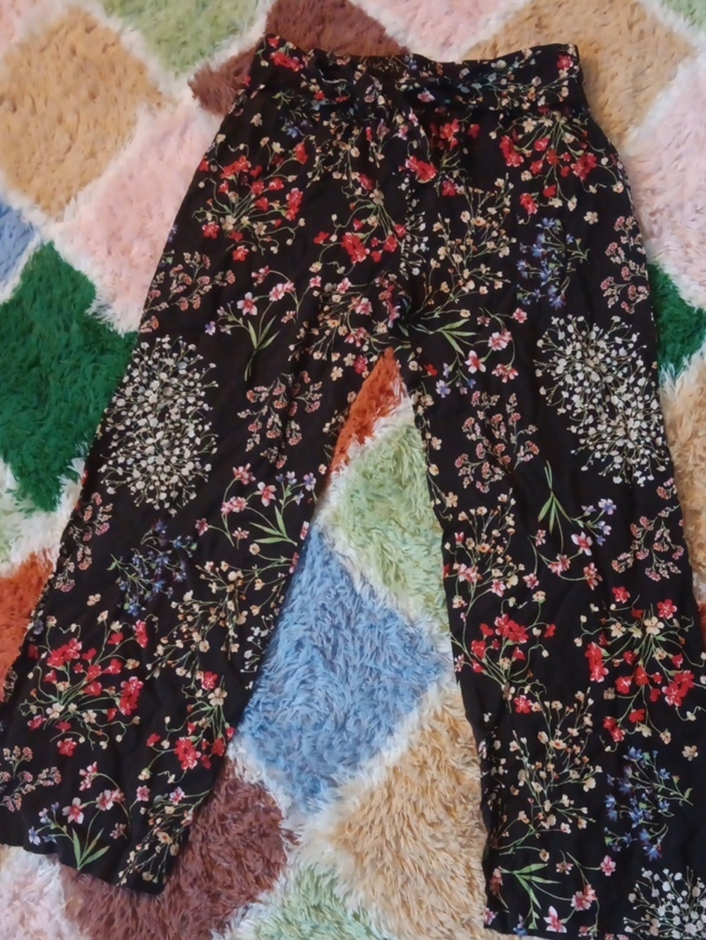 Black Floral Pull-On Pants With Tie In Front